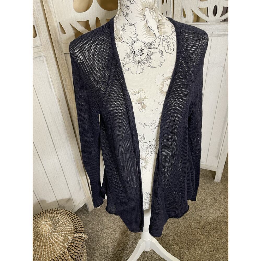 Eileen Fisher Dark Blue Top Mesh Net Open Linen Knit Cardigan Duster Sz Medium